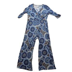 Christine V Jumpsuit Womens XL Blue Palazzo Geometric Mod Artsy Boho Hippie 70s